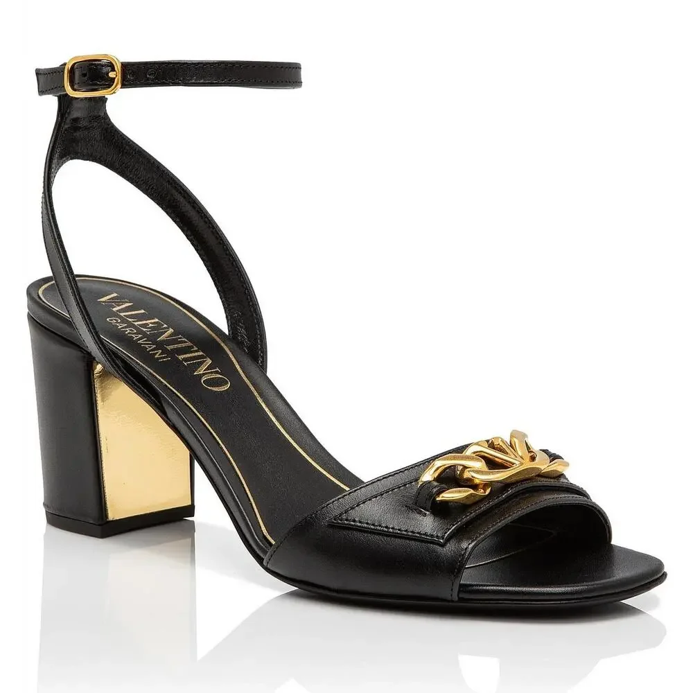 Valentino Garavani Black VLogo Chain Leather Sandals 35